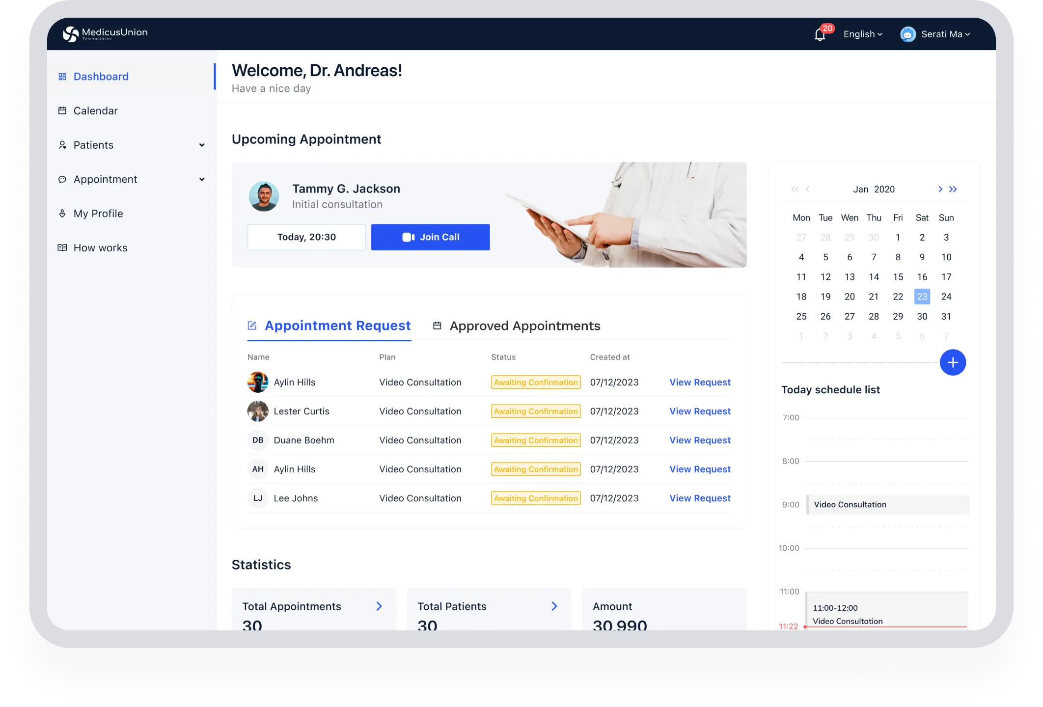 لوحة معلومات مزودة بتحليلات ذكية للتركيبة السكانية للمرضى والاستشارات عبر الإنترنت والإيرادات.